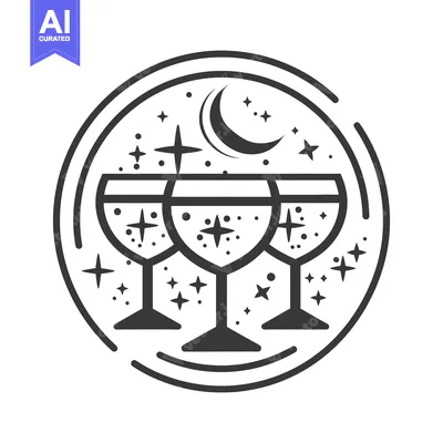 Aset desain premium: Three stemmed glasses and celestial elements within a circular design