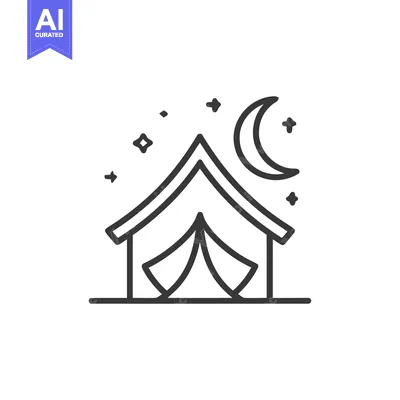Aset premium populer: Camping Tent Under Crescent Moon and Stars, Minimalist Line Art
