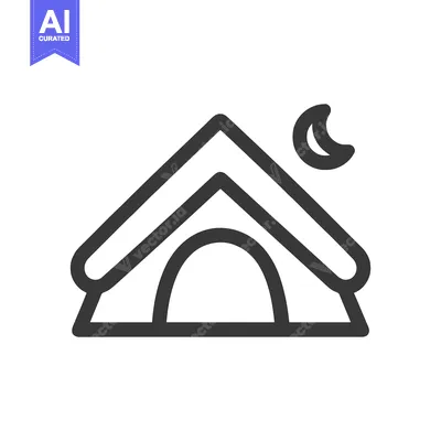 Premium design asset: Minimalist Camping Icon: Tent Under Crescent Moon, Night Adventure Sym