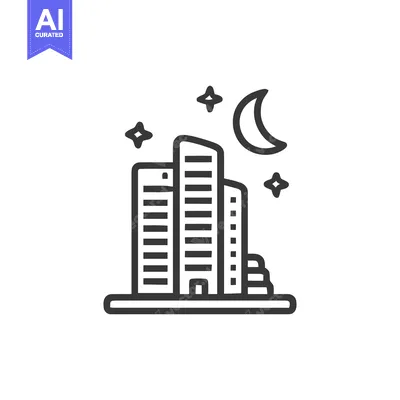 Premium design asset: Minimalist Cityscape Icon with Moon and Stars in Line Art Style