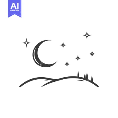 Aset desain premium: A crescent moon shining above a silhouette landscape at night