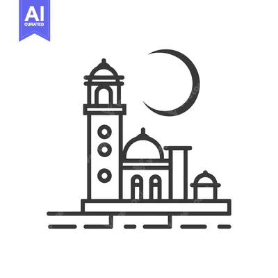 Aset premium populer: An outlined illustration depicting a mosque and a crescent moon