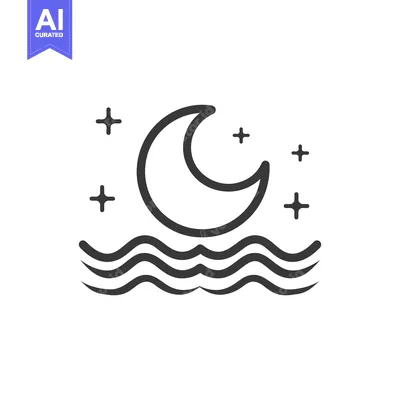 Aset desain premium: Simple graphic featuring a crescent moon stars and water waves