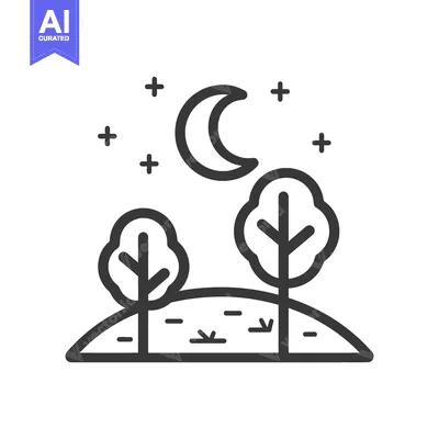 Aset desain premium: A nighttime landscape featuring the moon trees and stars