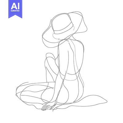 Popular premium asset: Line Drawing of a Woman Wearing a Hat, Sitting on a Blanket