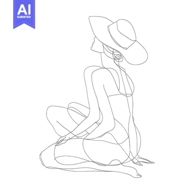 Aset desain premium: Continuous Line Drawing of a Woman in a Hat Sitting with Legs Crossed
