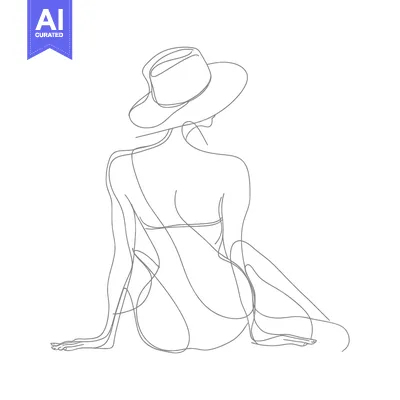 Premium design asset: Line drawing of a woman in a hat sitting with her back to the viewer