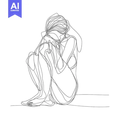 Aset desain premium: Single-Line Drawing of a Woman Sitting and Holding Herself