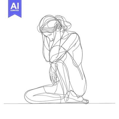 Aset premium populer: Single-Line Drawing of a Woman Sitting with Her Head Down