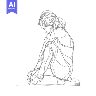 Aset desain premium: A Single-Line Drawing of a Woman Sitting with Her Head Down
