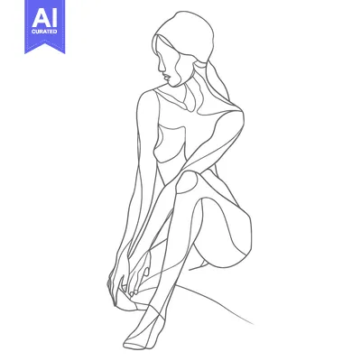 Aset desain premium: A Line Drawing of a Seated Woman with Long Hair