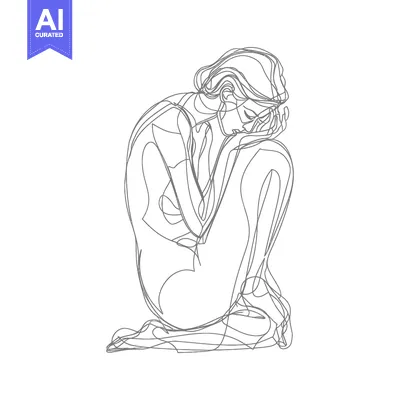 Aset premium populer: Single-Line Drawing of a Woman Sitting with Her Head in Her Hands