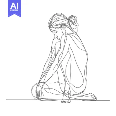 Aset desain premium: Single-Line Drawing of a Woman Kneeling, Hands Clasped