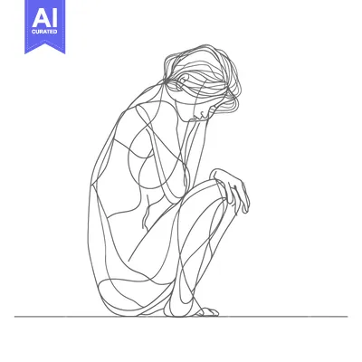 Aset desain premium: Single-Line Drawing of a Woman Sitting in a Crouched Position
