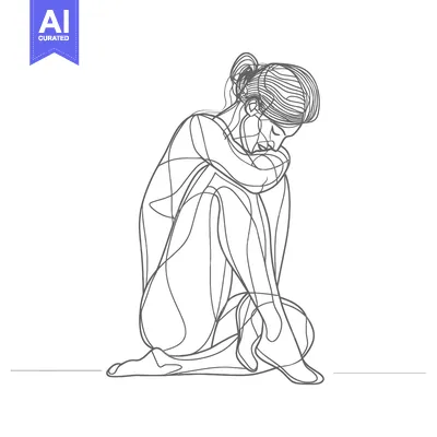 Aset premium populer: A Single-Line Drawing of a Woman Sitting and Hugging Her Knees