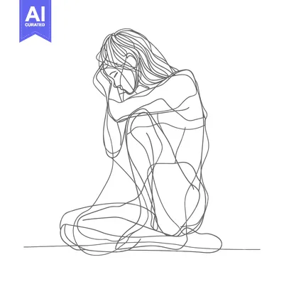Premium design asset: Single-Line Drawing of a Woman Sitting and Holding Her Head
