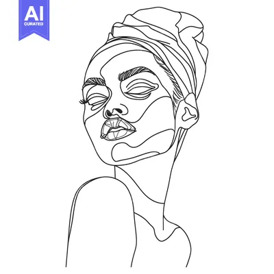 Aset desain premium: Line Art Portrait of a Woman with Closed Eyes and a Headscarf
