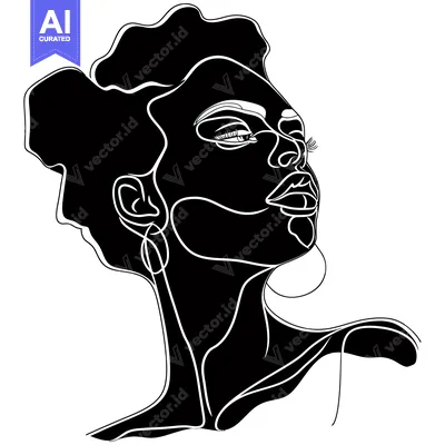 Premium design asset: Black and White Line Art Portrait of a Woman with Curly Hair and Earri