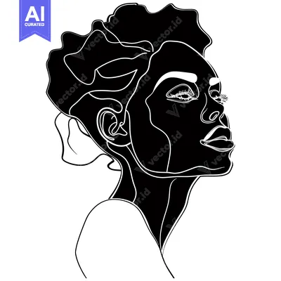 Aset desain premium: Black and White Line Art Portrait of a Woman with Curly Hair