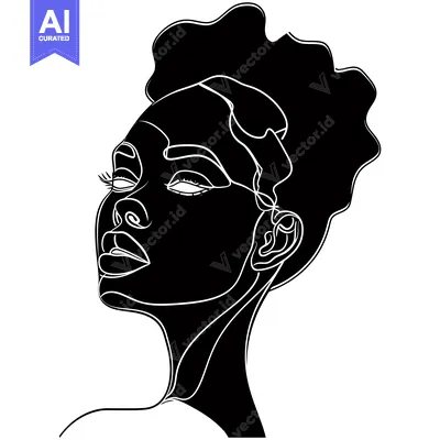 Aset desain premium: A black and white line art illustration of a woman's face, looking up,
