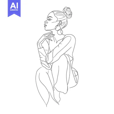 Line Art Drawing of a Woman in a Sitting Pose with Long Hair and Large