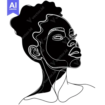 Aset premium populer: Black and White Line Art Portrait of a Woman with Curly Hair Looking U