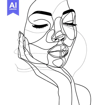 Aset premium populer: Abstract Line Drawing of a Woman's Face with Closed Eyes and Hand on C