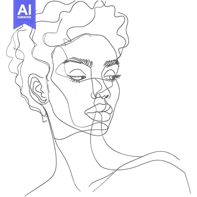 Aset desain premium: Continuous Line Drawing of a Woman's Face with Curly Hair