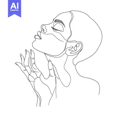 Aset desain premium: Continuous Line Drawing of a Woman's Profile with Her Hand on Her Chin