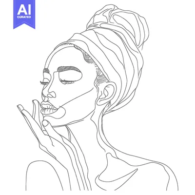 Aset desain premium: A Line Drawing of a Woman Applying Facial Mask with Her Hand