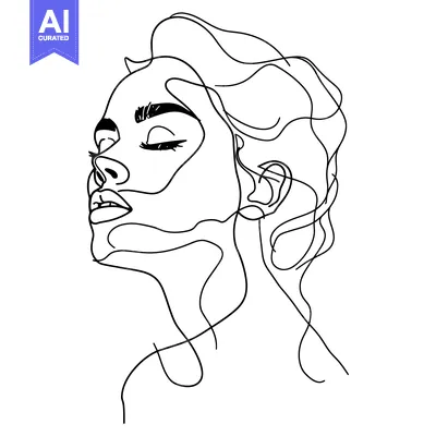 Aset premium populer: One-Line Drawing of a Woman's Face with Closed Eyes and Wavy Hair