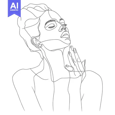 Aset desain premium: One-Line Drawing of a Woman with Closed Eyes and Hand on Chin