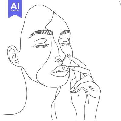 Aset premium populer: Line art drawing of a woman's face with closed eyes, touching her nose