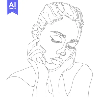 Aset premium populer: Line Art Portrait of a Woman with Closed Eyes and Hands on Her Cheeks