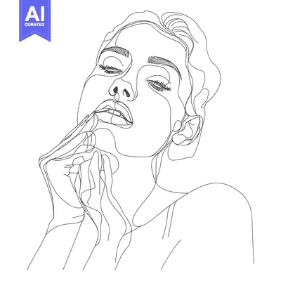 Aset premium populer: One-line drawing of a woman with closed eyes, touching her face