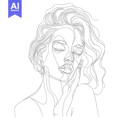 Aset premium populer: Single-line drawing of a woman with closed eyes and wavy hair