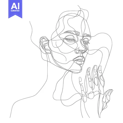 Aset desain premium: Abstract Line Drawing of a Woman's Face and Hand