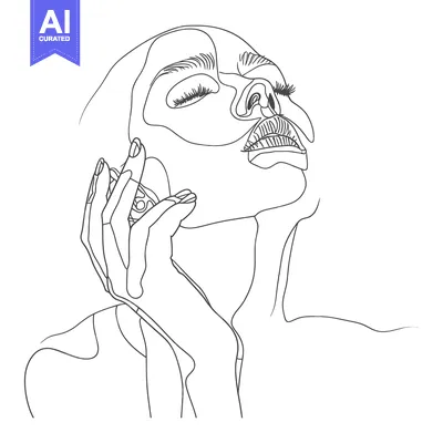 Aset desain premium: Line Drawing of a Woman's Face with Closed Eyes and Hands on Her Chin