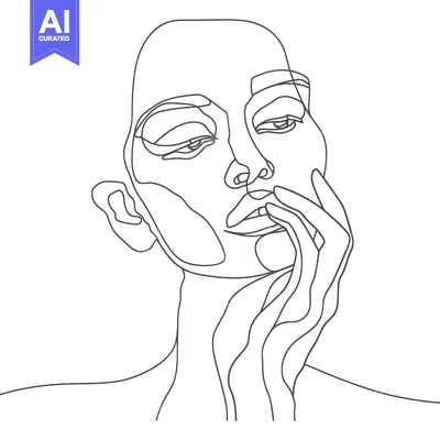 Aset desain premium: One Line Drawing of a Woman's Face with Hand on Chin