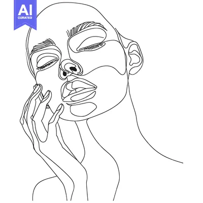 Aset desain premium: A single-line drawing of a woman's face with closed eyes and a hand re