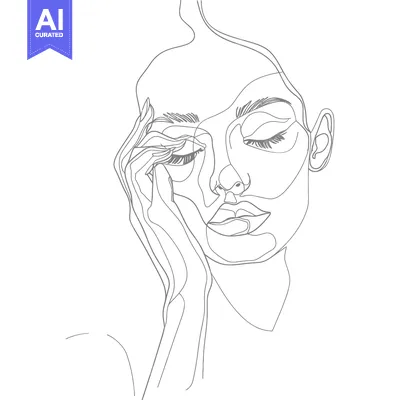 Premium design asset: Line Drawing of a Woman with Closed Eyes and Hand on Face