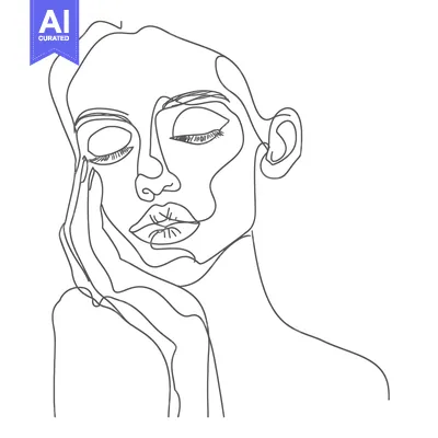Aset desain premium: Abstract Line Art Portrait of a Woman with Closed Eyes and Hand on Che