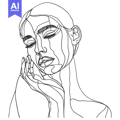 Aset premium populer: Line Art Portrait of a Woman with Closed Eyes and Hand to Face