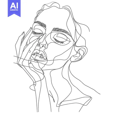 Aset premium populer: Single-Line Drawing of a Woman's Face with Closed Eyes and Hand on Che