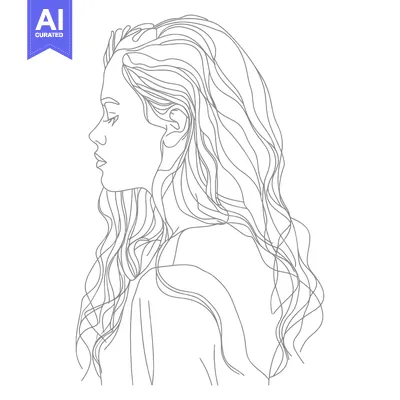 Aset desain premium: Line Drawing of a Woman with Long, Wavy Hair