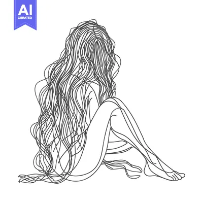 Aset desain premium: Line Art Illustration of a Woman Sitting with Long Hair Covering Her F