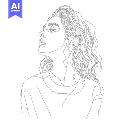 Aset desain premium: Line Drawing of a Woman with Long Wavy Hair Looking Up