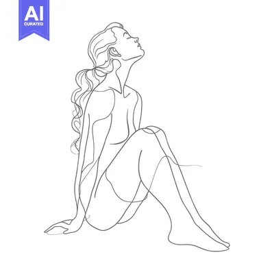 Aset desain premium: A Woman with Long Hair Sitting and Looking Upward in a Single Line Dra