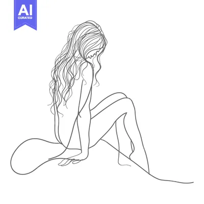 Aset premium populer: Line Drawing of a Woman Sitting with Long Flowing Hair