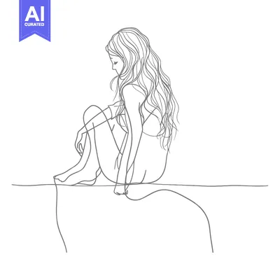 Aset premium populer: Line Drawing of a Woman Sitting with Long Hair